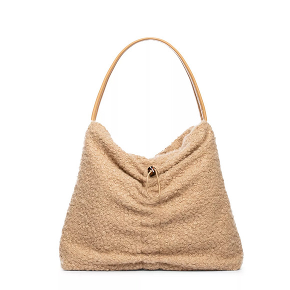 Staud Felix Faux Sherpa Tote Beige Khaki